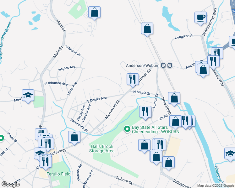 map of restaurants, bars, coffee shops, grocery stores, and more near 1 East Dexter Avenue in Woburn