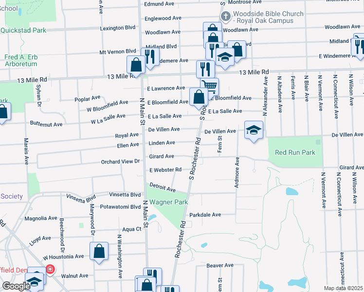 map of restaurants, bars, coffee shops, grocery stores, and more near 236 Linden Ave in Royal Oak