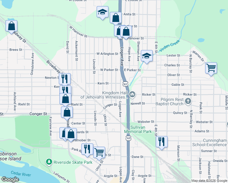 map of restaurants, bars, coffee shops, grocery stores, and more near 212 Cutler St in Waterloo