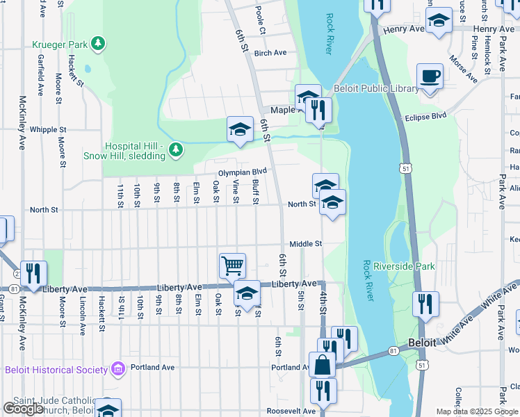 map of restaurants, bars, coffee shops, grocery stores, and more near 1257 Bluff Street in Beloit