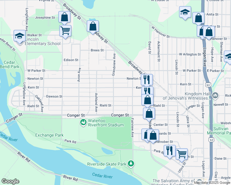 map of restaurants, bars, coffee shops, grocery stores, and more near 920 Grandview Avenue in Waterloo