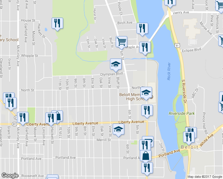 map of restaurants, bars, coffee shops, grocery stores, and more near 1259 Vine Street in Beloit
