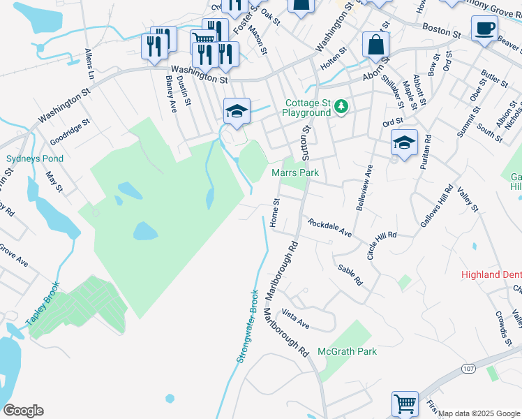 map of restaurants, bars, coffee shops, grocery stores, and more near 6 Sherwood Avenue in Peabody
