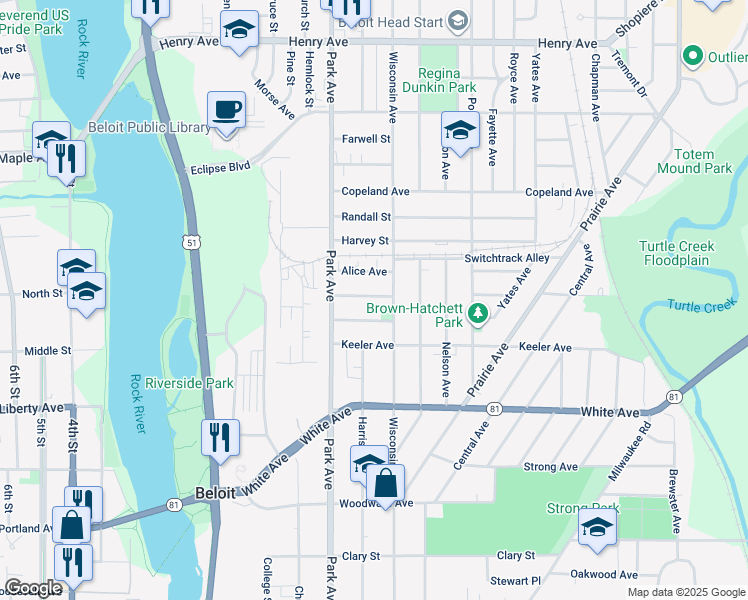map of restaurants, bars, coffee shops, grocery stores, and more near 1008 Gerald Avenue in Beloit