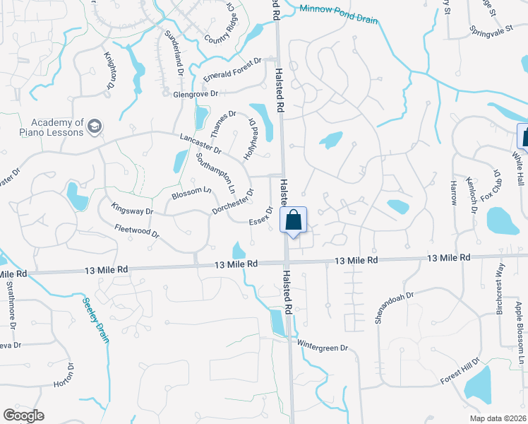 map of restaurants, bars, coffee shops, grocery stores, and more near 30297 Essex Drive in Farmington Hills