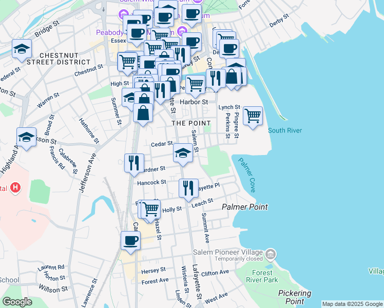 map of restaurants, bars, coffee shops, grocery stores, and more near 16 Leavitt Street in Salem