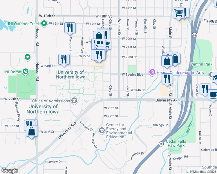 map of restaurants, bars, coffee shops, grocery stores, and more near 2516 College Street in Cedar Falls