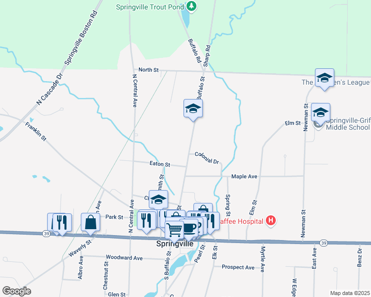 map of restaurants, bars, coffee shops, grocery stores, and more near 212 North Buffalo Street in Springville