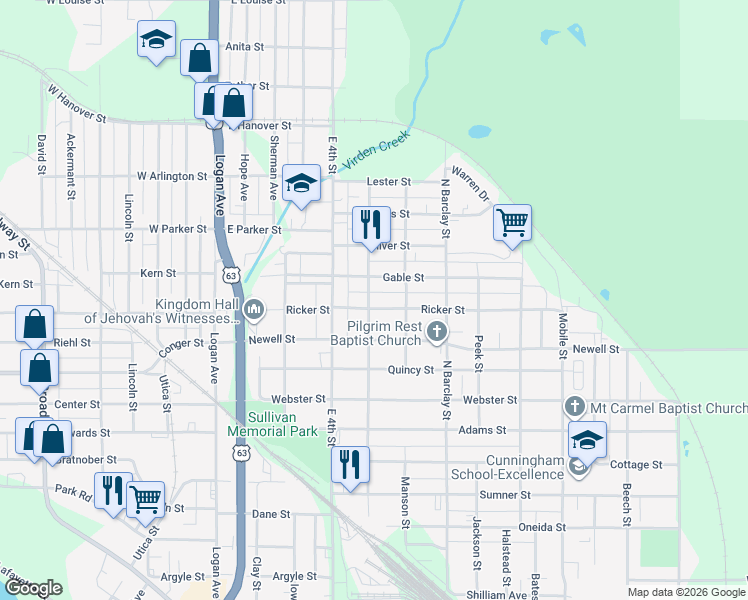 map of restaurants, bars, coffee shops, grocery stores, and more near 303 Ricker Street in Waterloo