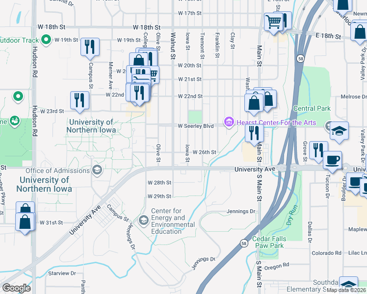 map of restaurants, bars, coffee shops, grocery stores, and more near 2515 Iowa Street in Cedar Falls