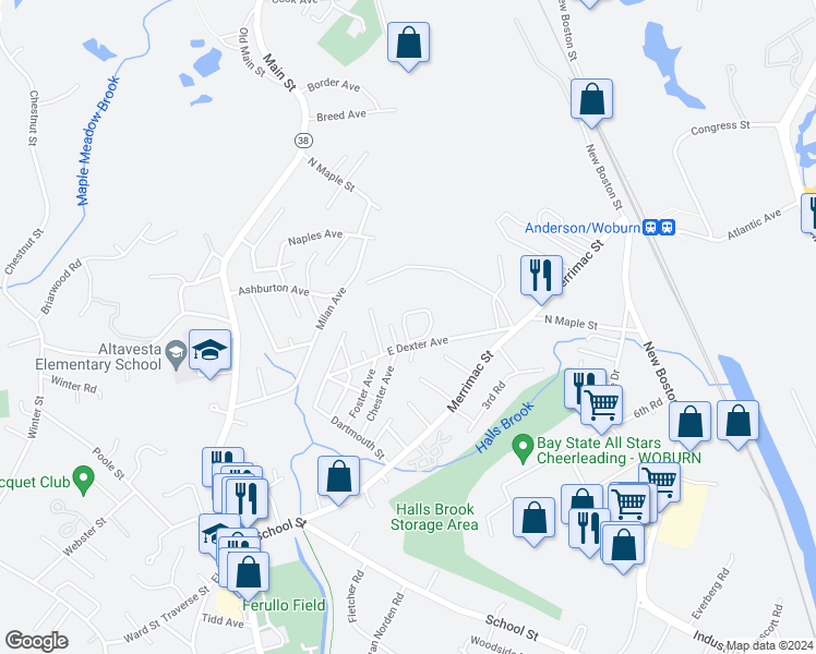 map of restaurants, bars, coffee shops, grocery stores, and more near 26 Baldwin Avenue in Woburn