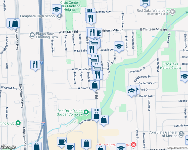 map of restaurants, bars, coffee shops, grocery stores, and more near in Oakland County