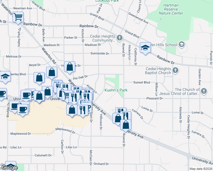 map of restaurants, bars, coffee shops, grocery stores, and more near 2611 McClain Drive in Cedar Falls