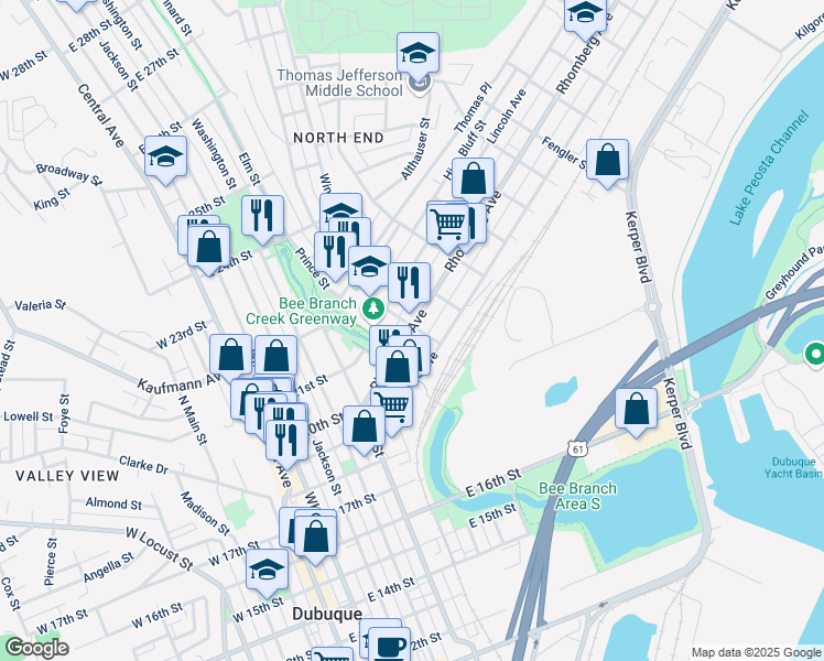 map of restaurants, bars, coffee shops, grocery stores, and more near 532 Rhomberg Avenue in Dubuque