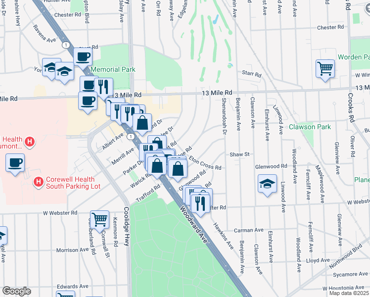 map of restaurants, bars, coffee shops, grocery stores, and more near 2830 Bembridge Road in Royal Oak