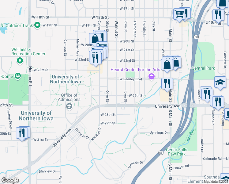 map of restaurants, bars, coffee shops, grocery stores, and more near 2515 Walnut Street in Cedar Falls