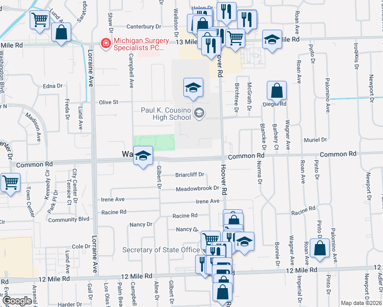 map of restaurants, bars, coffee shops, grocery stores, and more near 11415 Common Rd in Warren