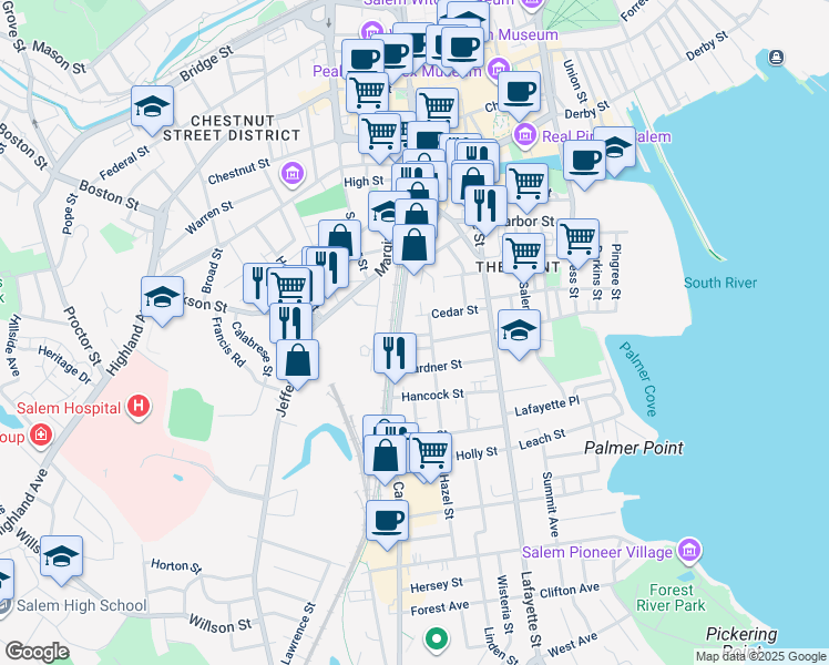 map of restaurants, bars, coffee shops, grocery stores, and more near 11 Canal Street in Salem