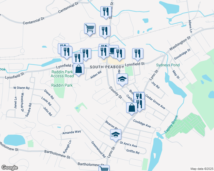 map of restaurants, bars, coffee shops, grocery stores, and more near 51 County Street in Peabody