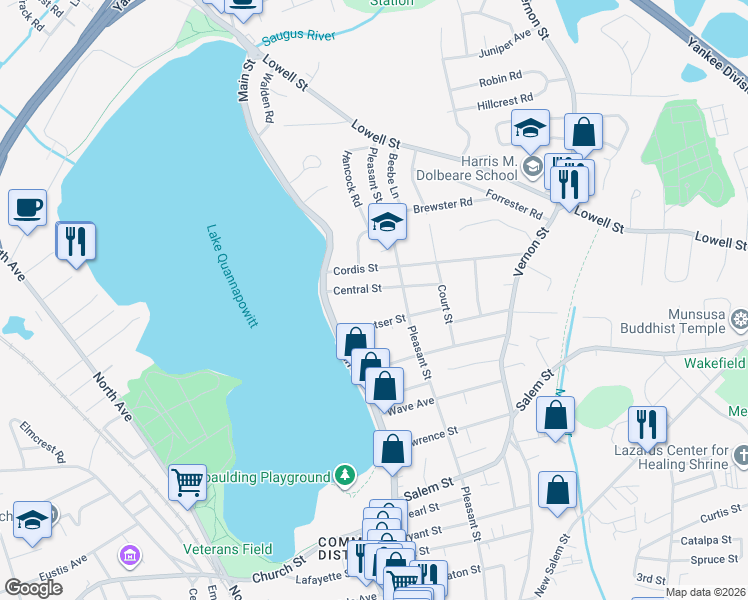 map of restaurants, bars, coffee shops, grocery stores, and more near 18 Central Street in Wakefield