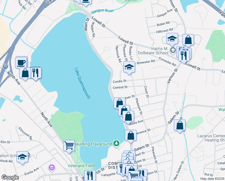 map of restaurants, bars, coffee shops, grocery stores, and more near 178 Massachusetts 129 in Wakefield