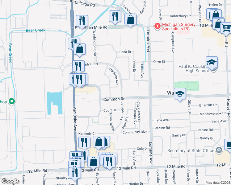 map of restaurants, bars, coffee shops, grocery stores, and more near 8545 Common Road in Warren