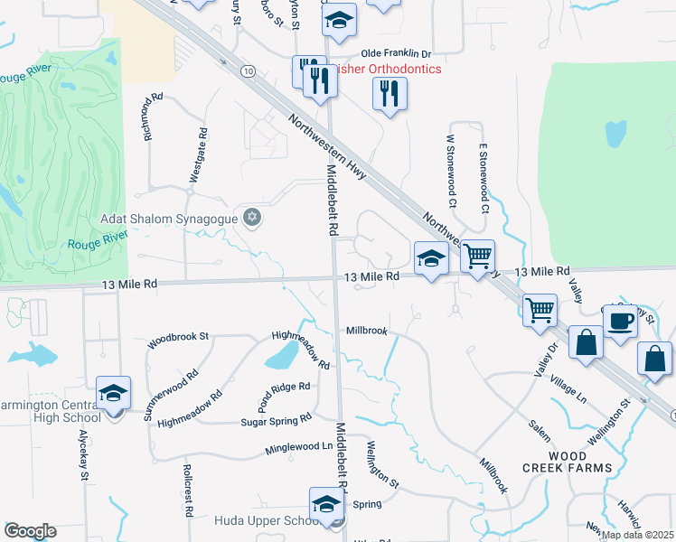 map of restaurants, bars, coffee shops, grocery stores, and more near in Farmington Hills