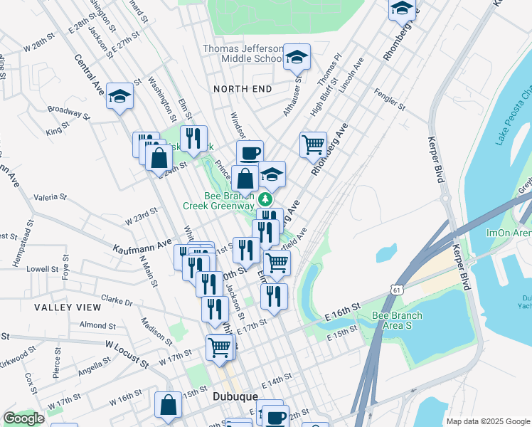 map of restaurants, bars, coffee shops, grocery stores, and more near 509 Lincoln Ave in Dubuque