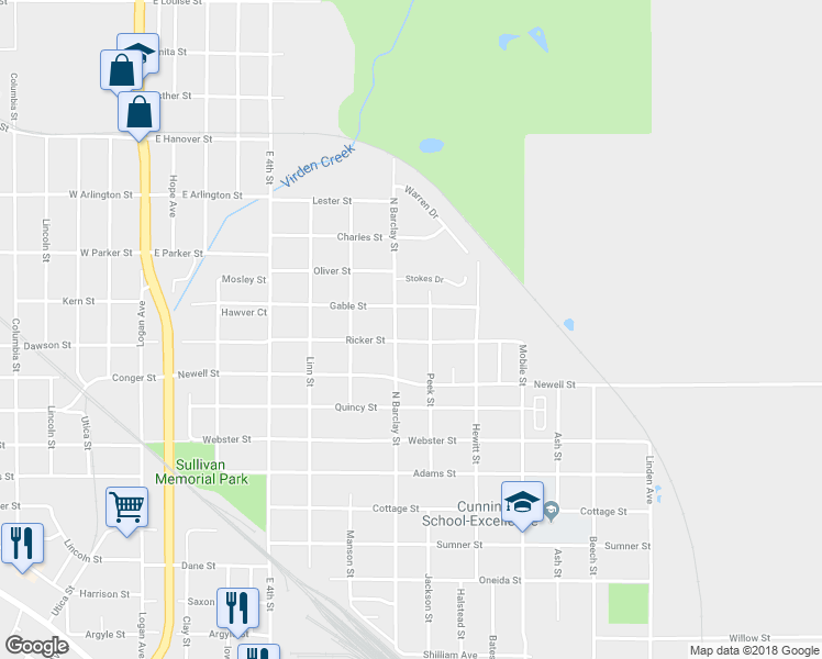 map of restaurants, bars, coffee shops, grocery stores, and more near 601 Ricker Street in Waterloo