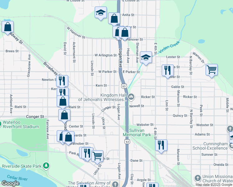 map of restaurants, bars, coffee shops, grocery stores, and more near 212 Cutler Street in Waterloo