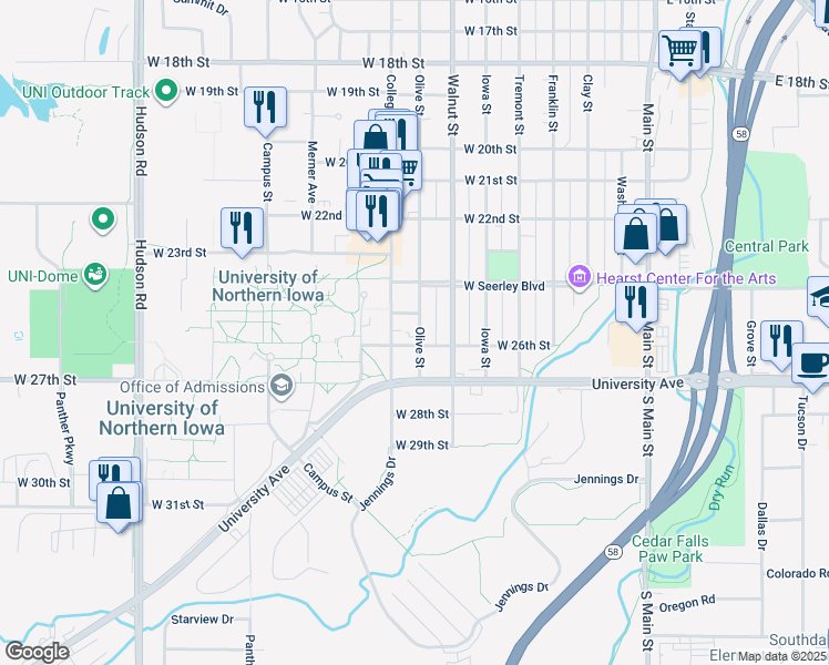 map of restaurants, bars, coffee shops, grocery stores, and more near 2516 College Street in Cedar Falls