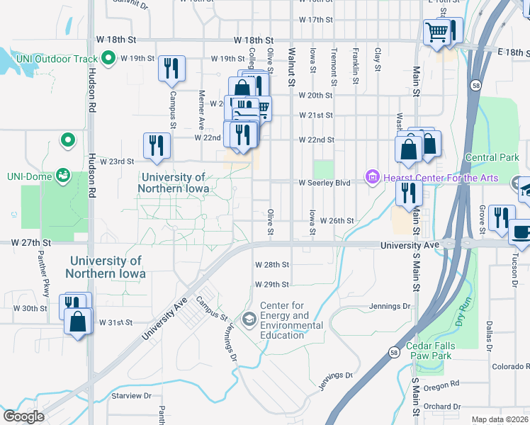 map of restaurants, bars, coffee shops, grocery stores, and more near 2516 College Street in Cedar Falls