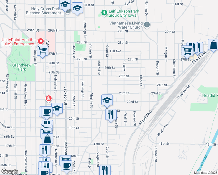 map of restaurants, bars, coffee shops, grocery stores, and more near 2350-2398 Court Street in Sioux City