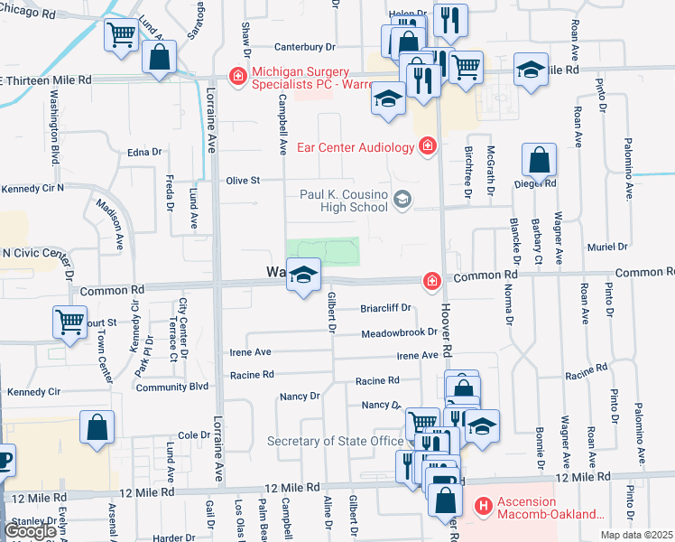 map of restaurants, bars, coffee shops, grocery stores, and more near 11301 Common Road in Warren