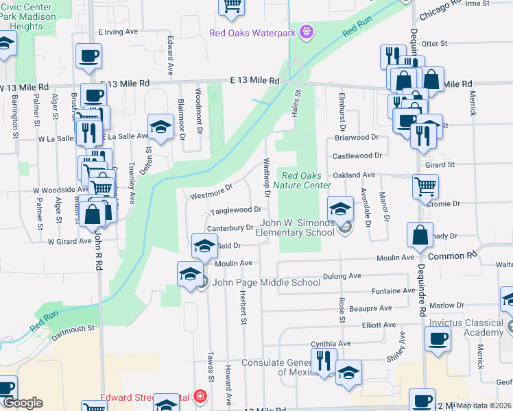 map of restaurants, bars, coffee shops, grocery stores, and more near 30309 Winthrop Drive in Madison Heights