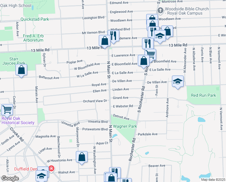 map of restaurants, bars, coffee shops, grocery stores, and more near 2722 North Main Street in Royal Oak