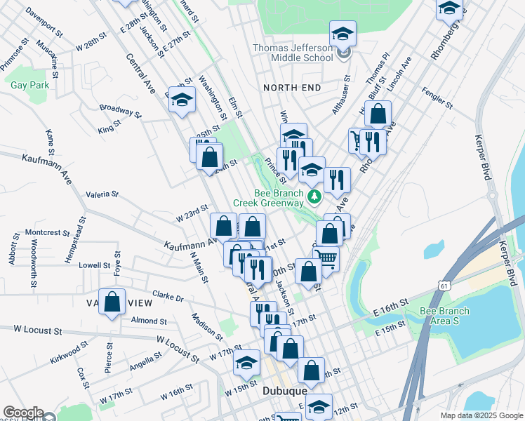 map of restaurants, bars, coffee shops, grocery stores, and more near 2201 Washington Street in Dubuque