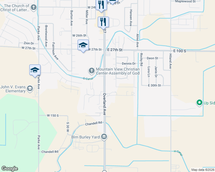 map of restaurants, bars, coffee shops, grocery stores, and more near 3023 Overland Avenue in Burley