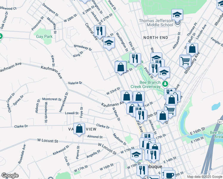 map of restaurants, bars, coffee shops, grocery stores, and more near 127 West 23rd Street in Dubuque