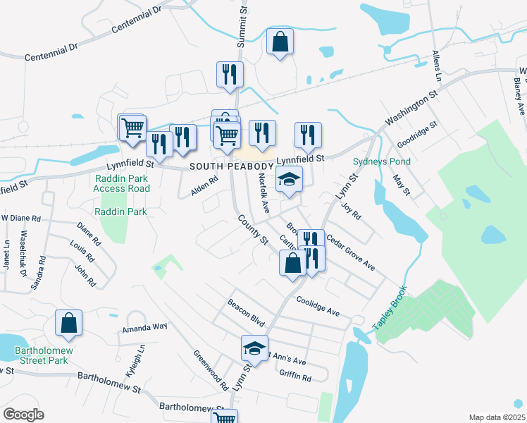 map of restaurants, bars, coffee shops, grocery stores, and more near 27 Norfolk Avenue in Peabody