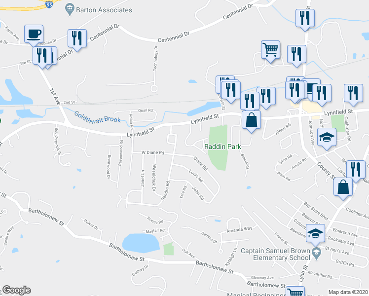 map of restaurants, bars, coffee shops, grocery stores, and more near 17 Blair Terrace in Peabody
