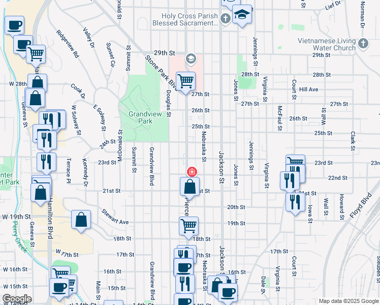 map of restaurants, bars, coffee shops, grocery stores, and more near 2308 Pierce Street in Sioux City