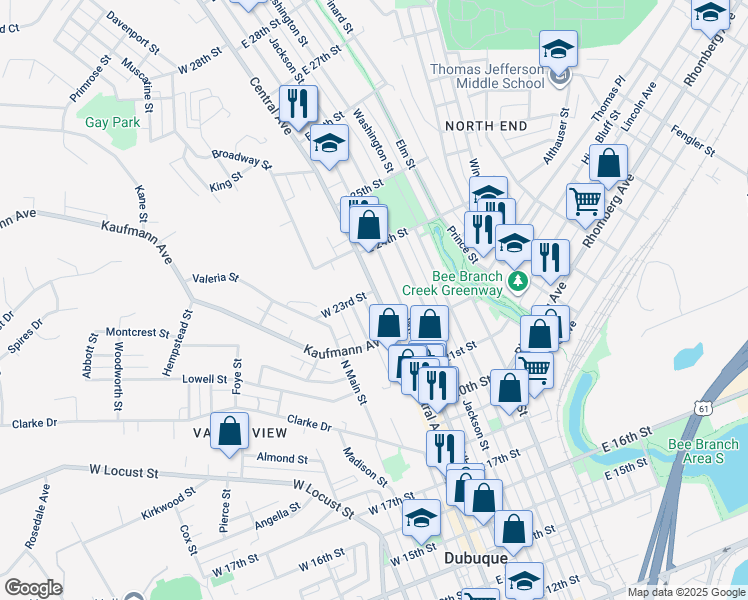 map of restaurants, bars, coffee shops, grocery stores, and more near 2255 Central Avenue in Dubuque