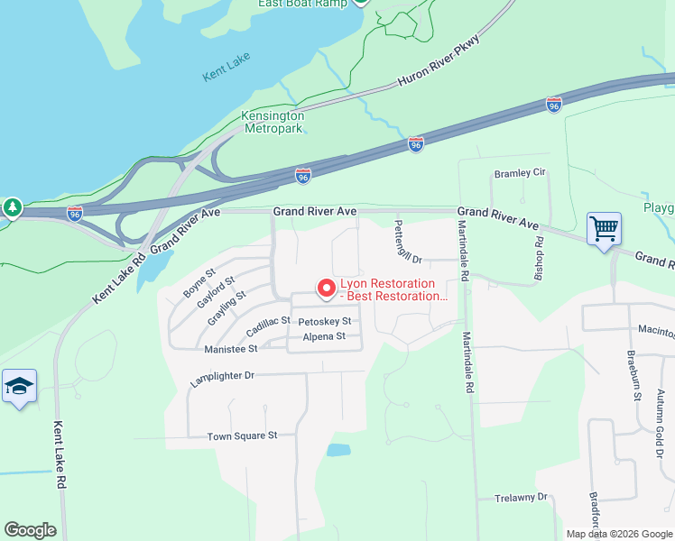 map of restaurants, bars, coffee shops, grocery stores, and more near 30730 Asbury Hill Court in Lyon Charter Township