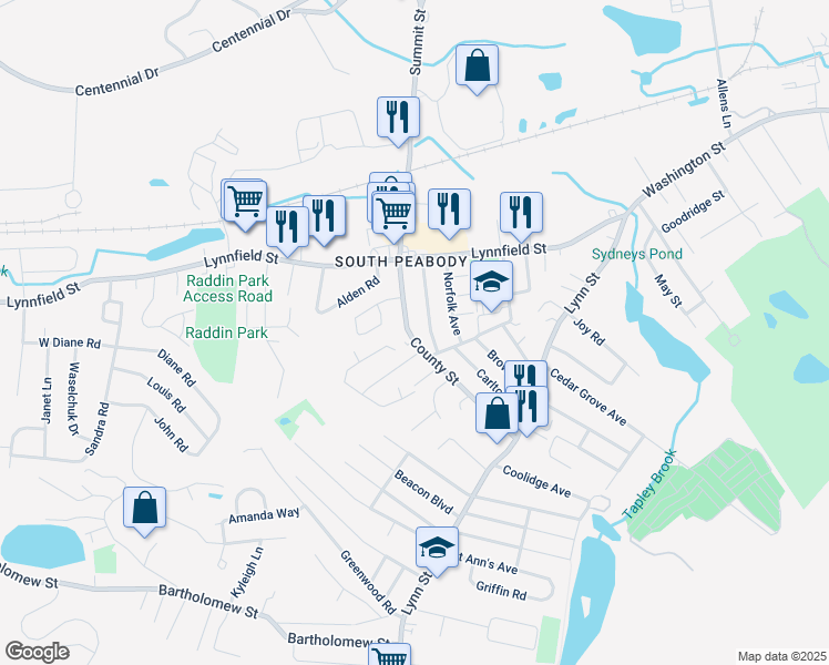 map of restaurants, bars, coffee shops, grocery stores, and more near 51 County Street in Peabody