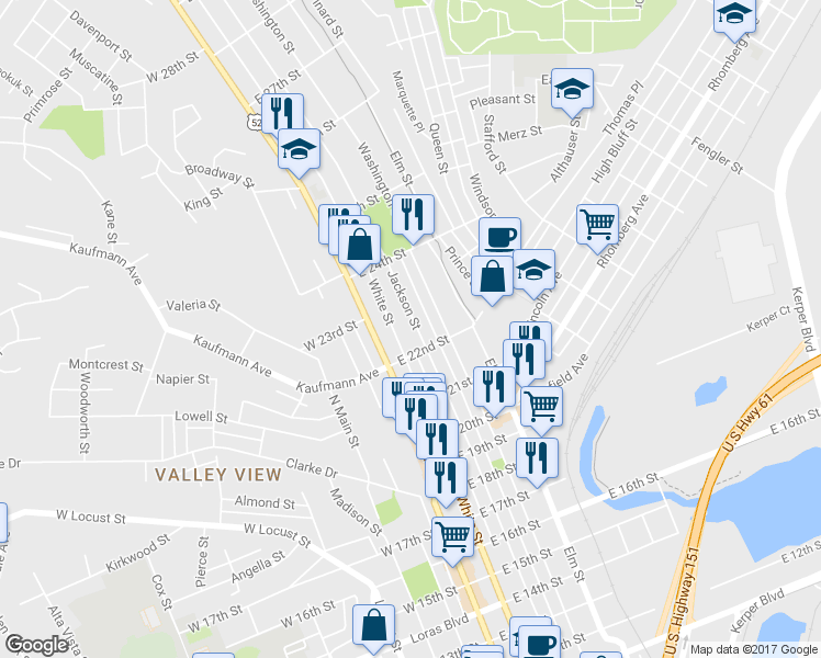 map of restaurants, bars, coffee shops, grocery stores, and more near 2233 Jackson Street in Dubuque