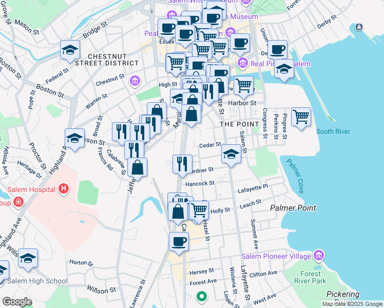 map of restaurants, bars, coffee shops, grocery stores, and more near 11 Canal Street in Salem