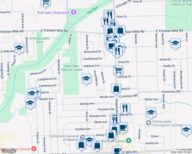 map of restaurants, bars, coffee shops, grocery stores, and more near 1671 Westwood Drive in Madison Heights