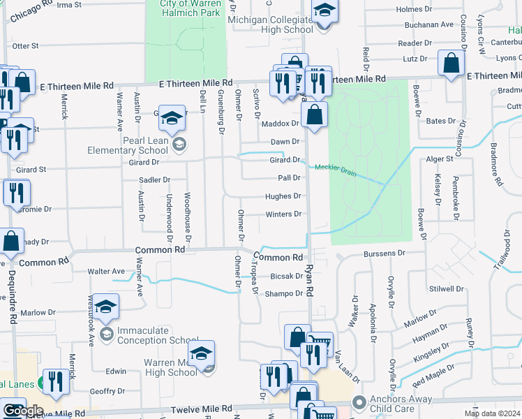 map of restaurants, bars, coffee shops, grocery stores, and more near 3439 Winters Drive in Warren