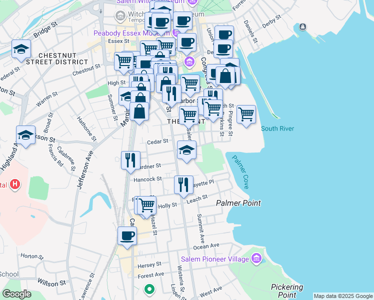 map of restaurants, bars, coffee shops, grocery stores, and more near 16 Leavitt Street in Salem